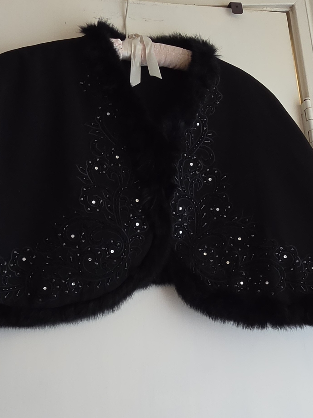 Black Faux Fur Trim Embellished Cape